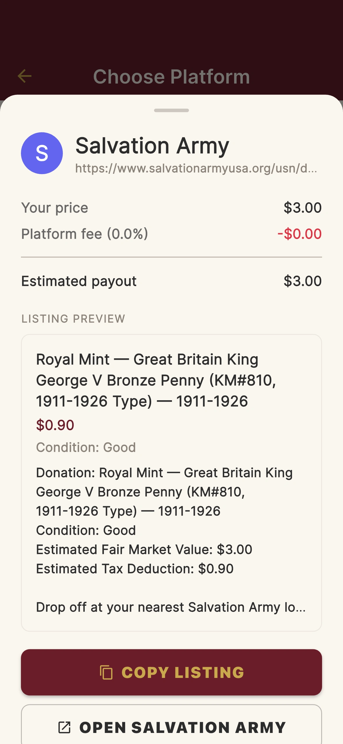 Salvation Army donation detail with tax deduction estimate