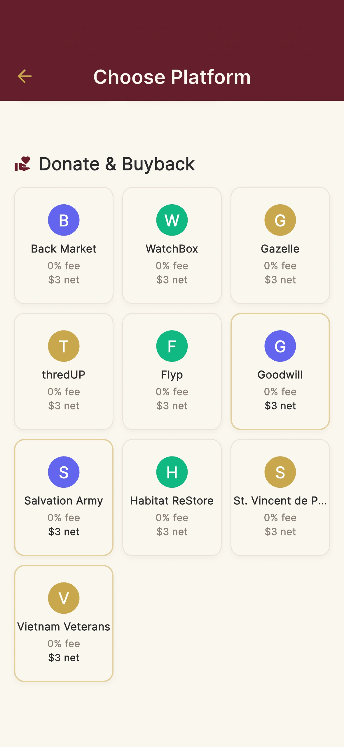 Donate and Buyback: Back Market, WatchBox, Gazelle, thredUP, Flyp, Goodwill, Salvation Army