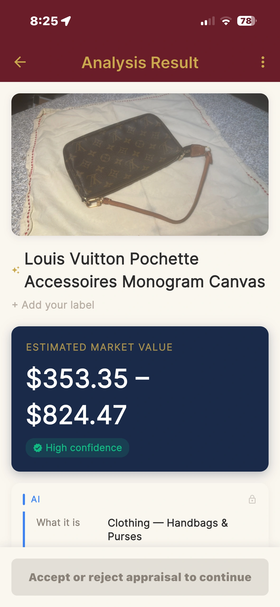 Louis Vuitton valued $353–$824, high confidence
