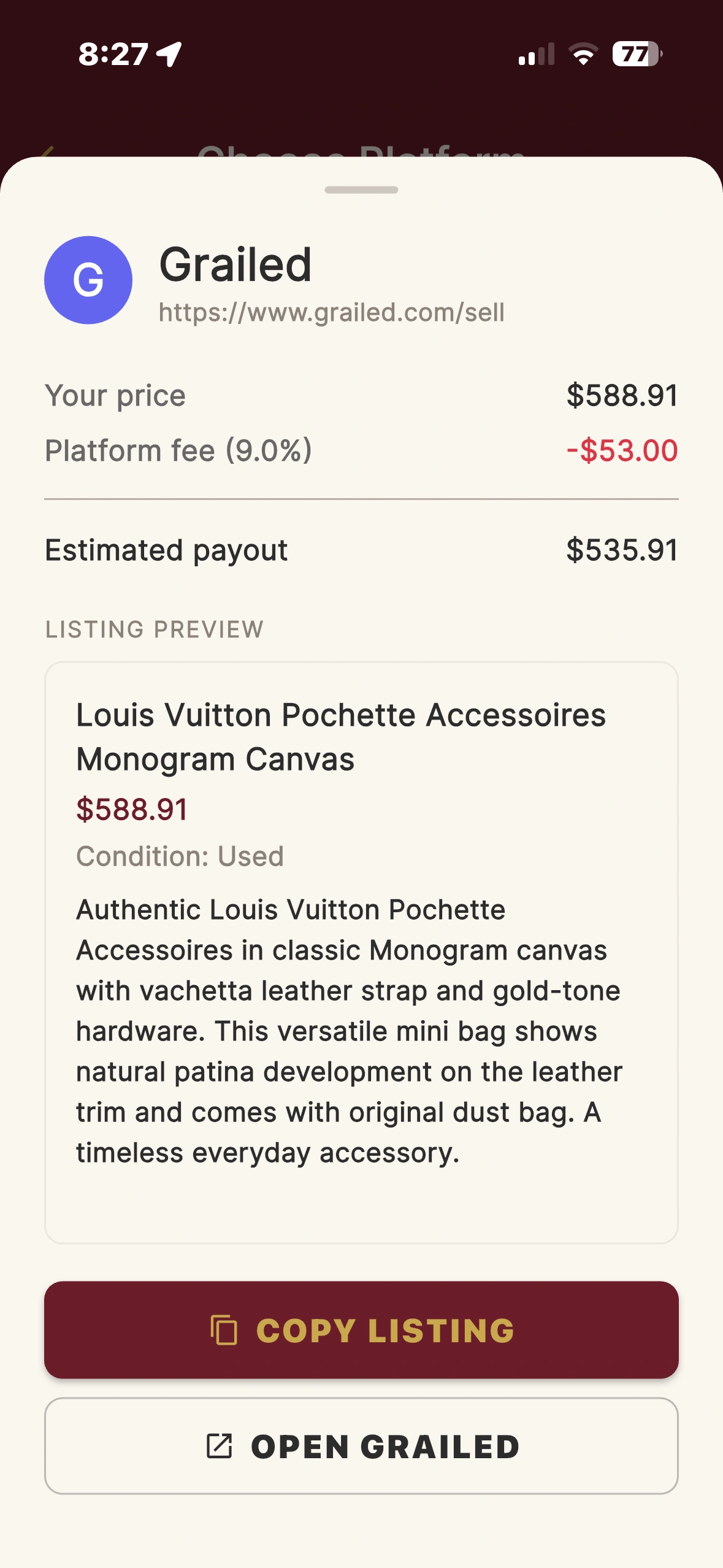 TurnOver listing preview with copy and direct link