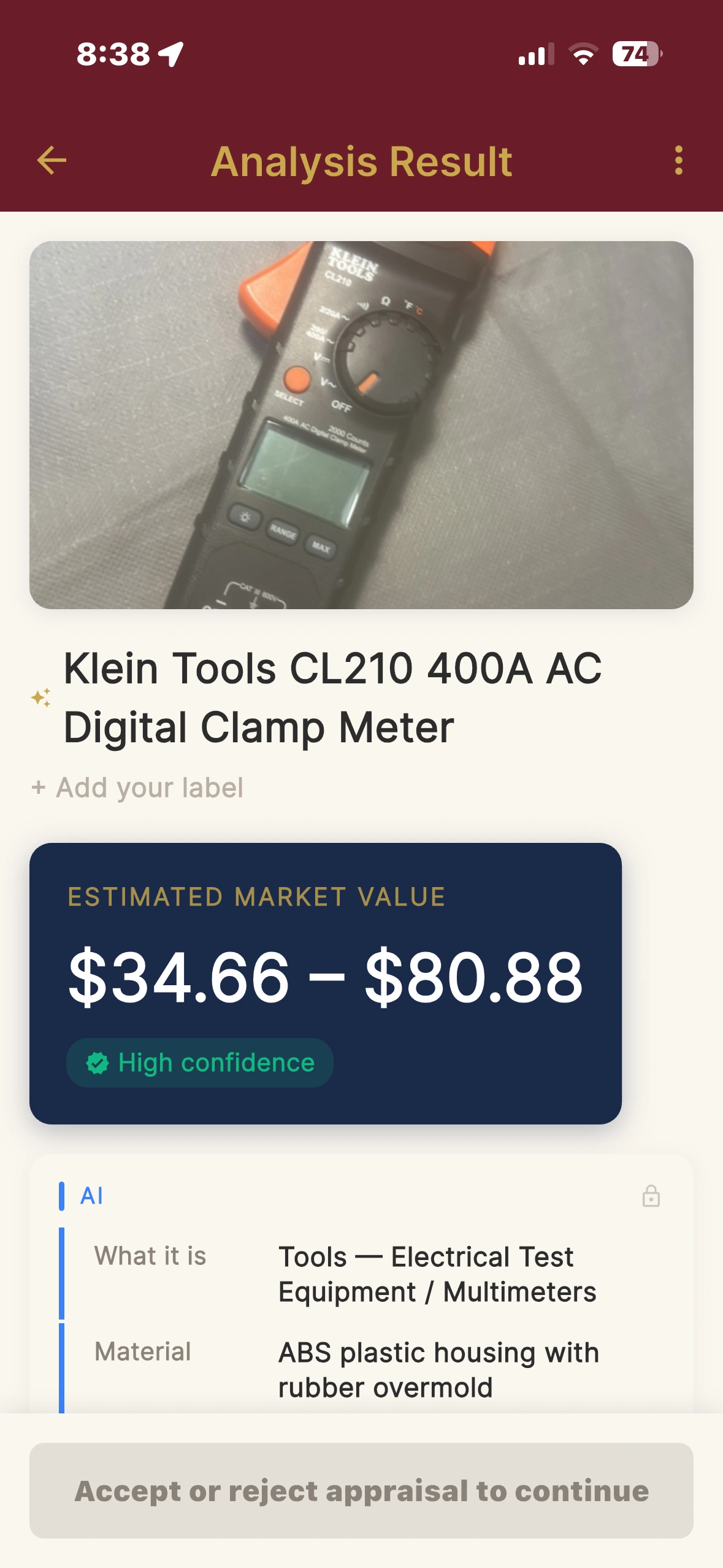 Klein CL210 valued $34–$80, high confidence