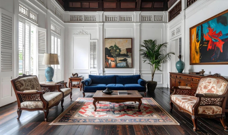 Bright airy room filled with antiques, art, and collectibles