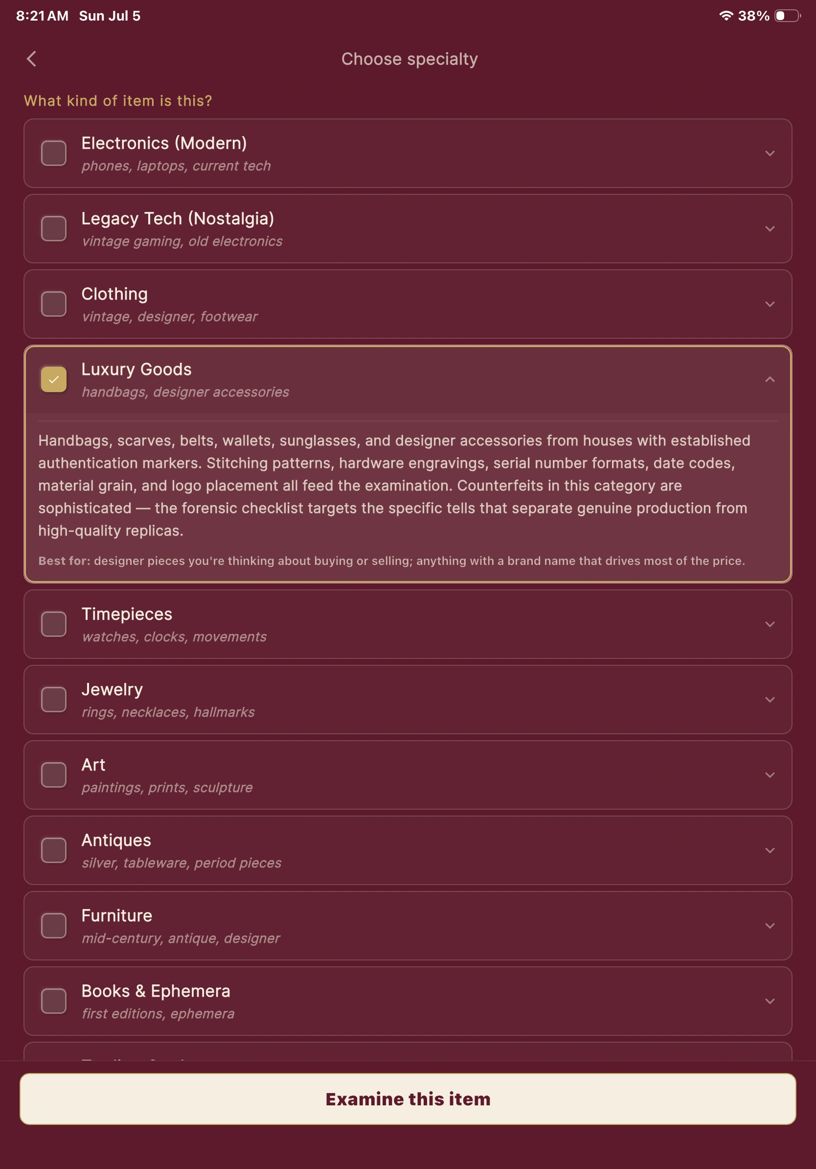 TurnOver app — choosing a specialty, evaluation in progress, then the analysis result