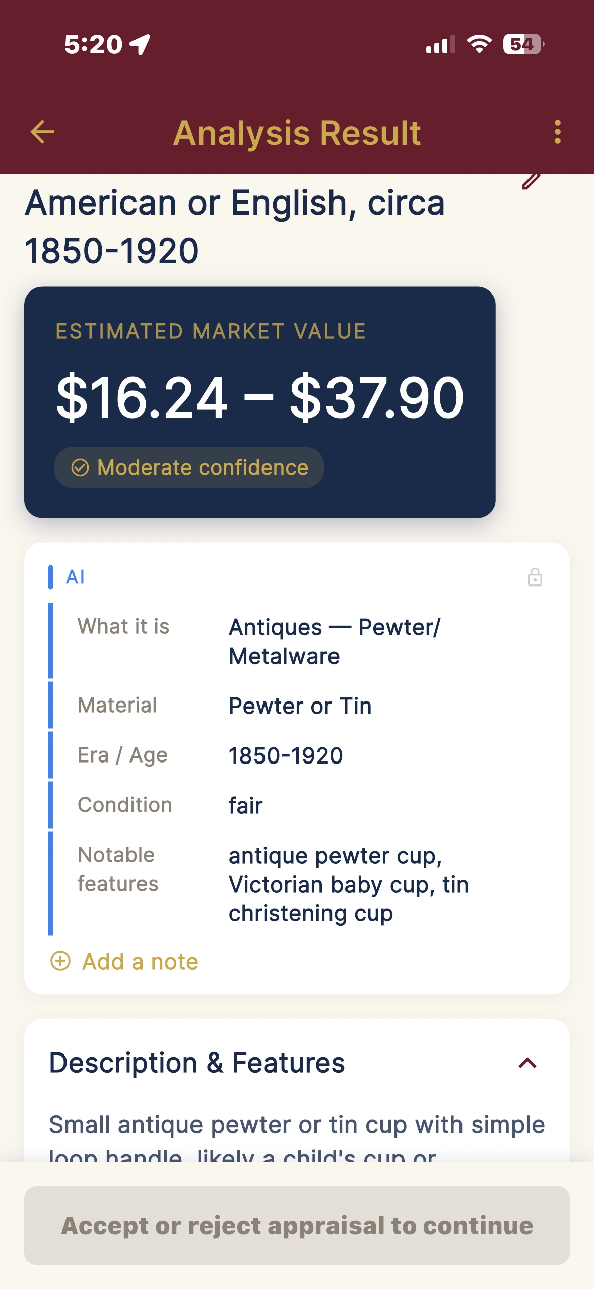 Pewter cup valued $16–$37, moderate confidence