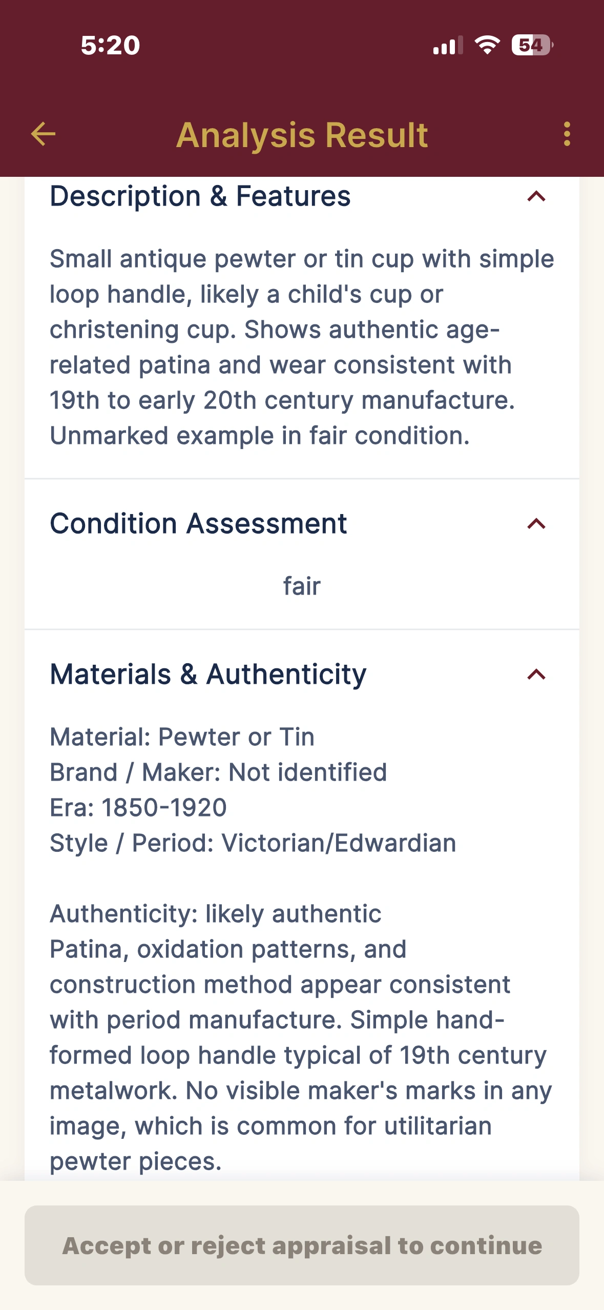 Pewter cup authenticity analysis
