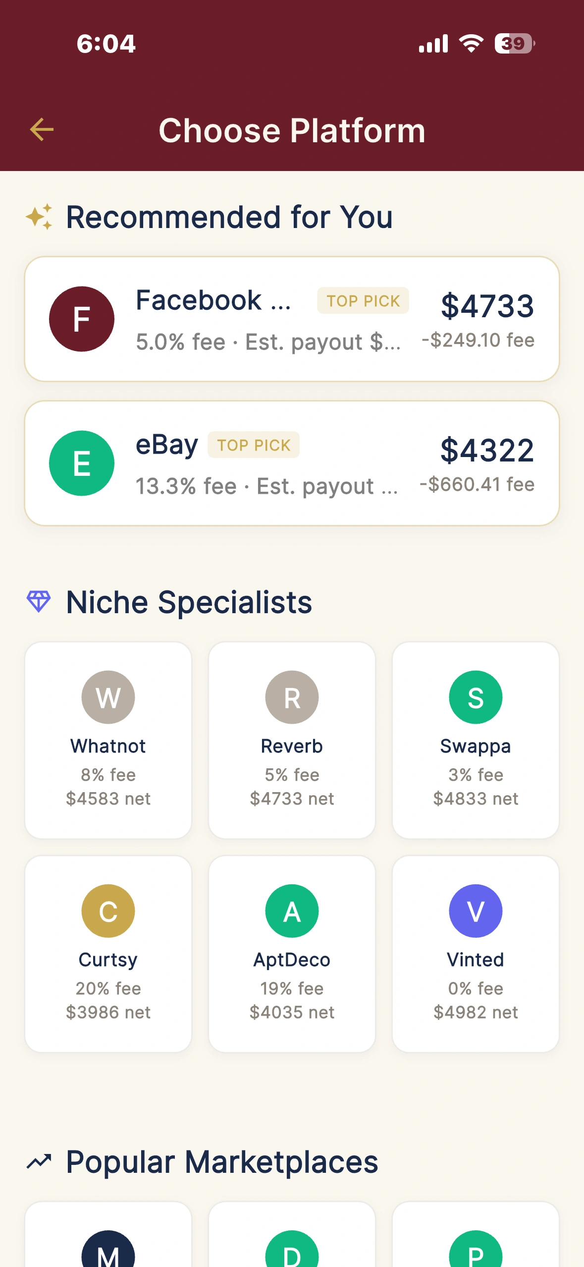 Rolex marketplace routing with platform fees and net payouts